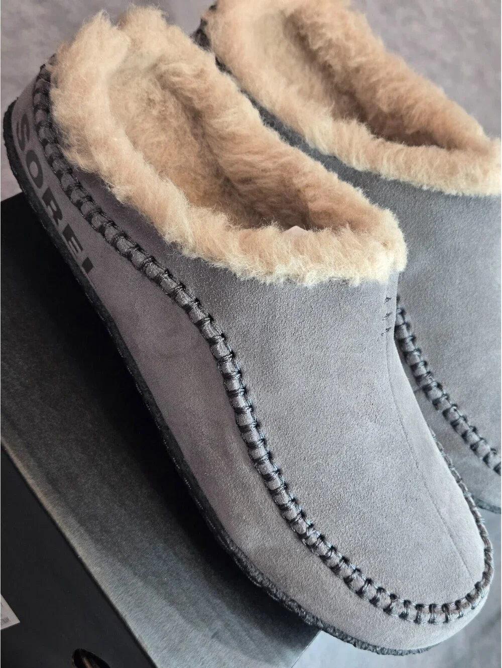 Sorel “Falcon Ridge II” Sherpa Lined Suede Slippers - Quarry Black - Men's 8 NEW